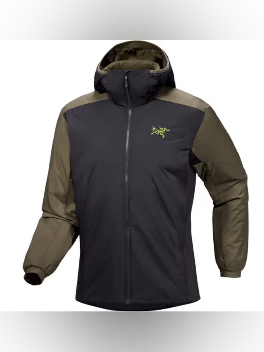 Arc'teryx Black Shell with Olive Sleeves Hooded Performance Jacket